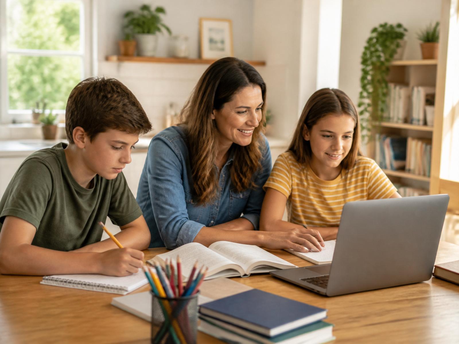 A parent and two homeschool students working together at a kitchen table with books, notebooks, and a laptop lesson
